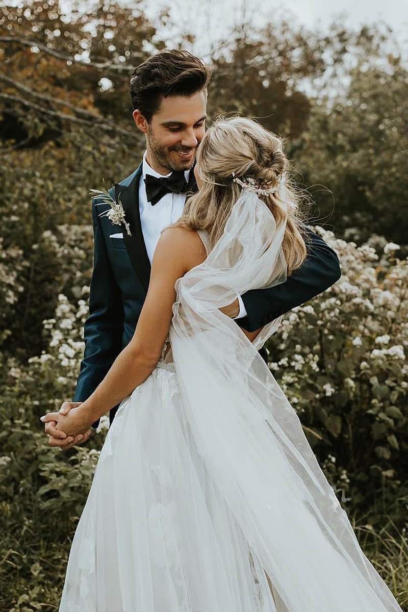 Marvelous V neck A Line Wedding Dress Tulle Appliques Rustic Wedding Dress