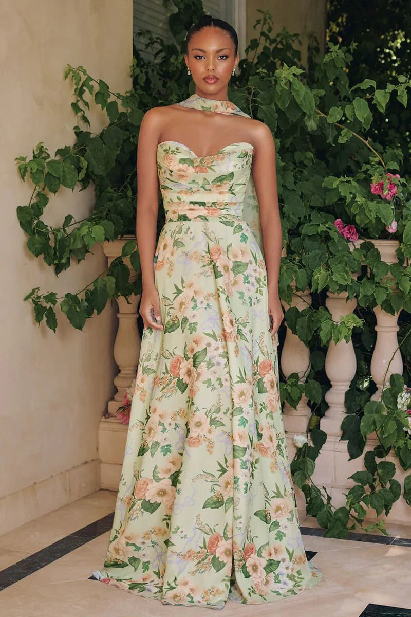 MEADOWS GOWN STRAPLESS A LINE SAGE FLORAL CHIFFON GOWN WITH SCARF