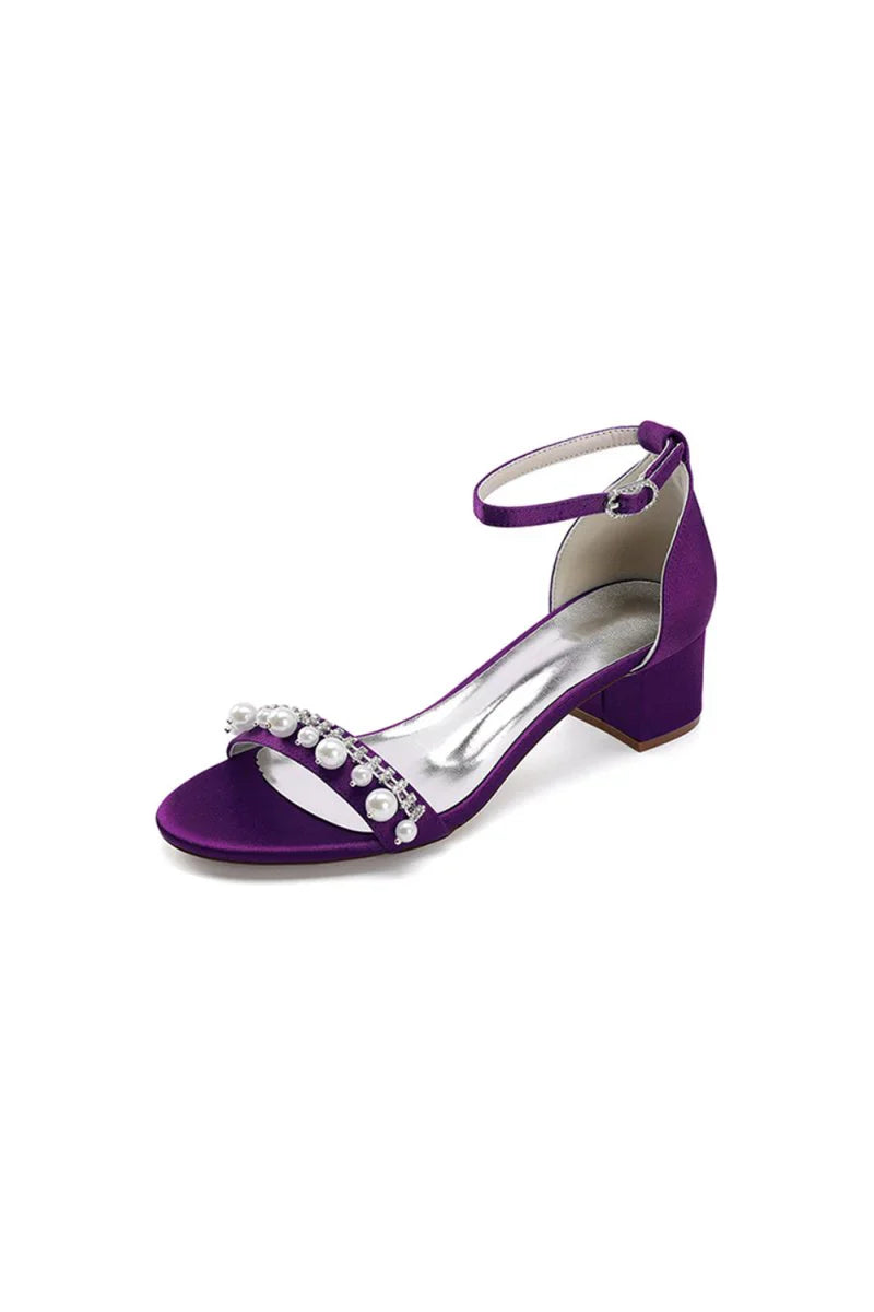 Open Toe Pearl Buckle Strap Chunky Heels