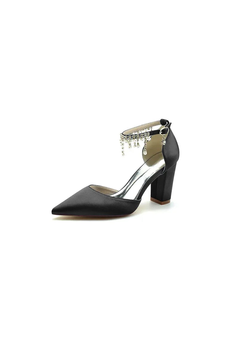 Pearl Beaded Pointed Toe Ankle Strap Chunky Heel