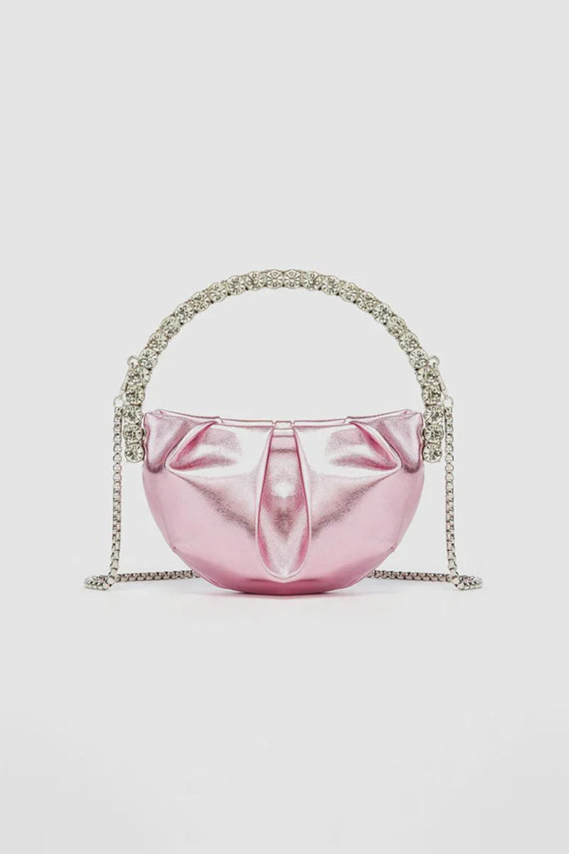 Womens Rhinestone Handle Metallic Slouchy Evening Clutch Bags
