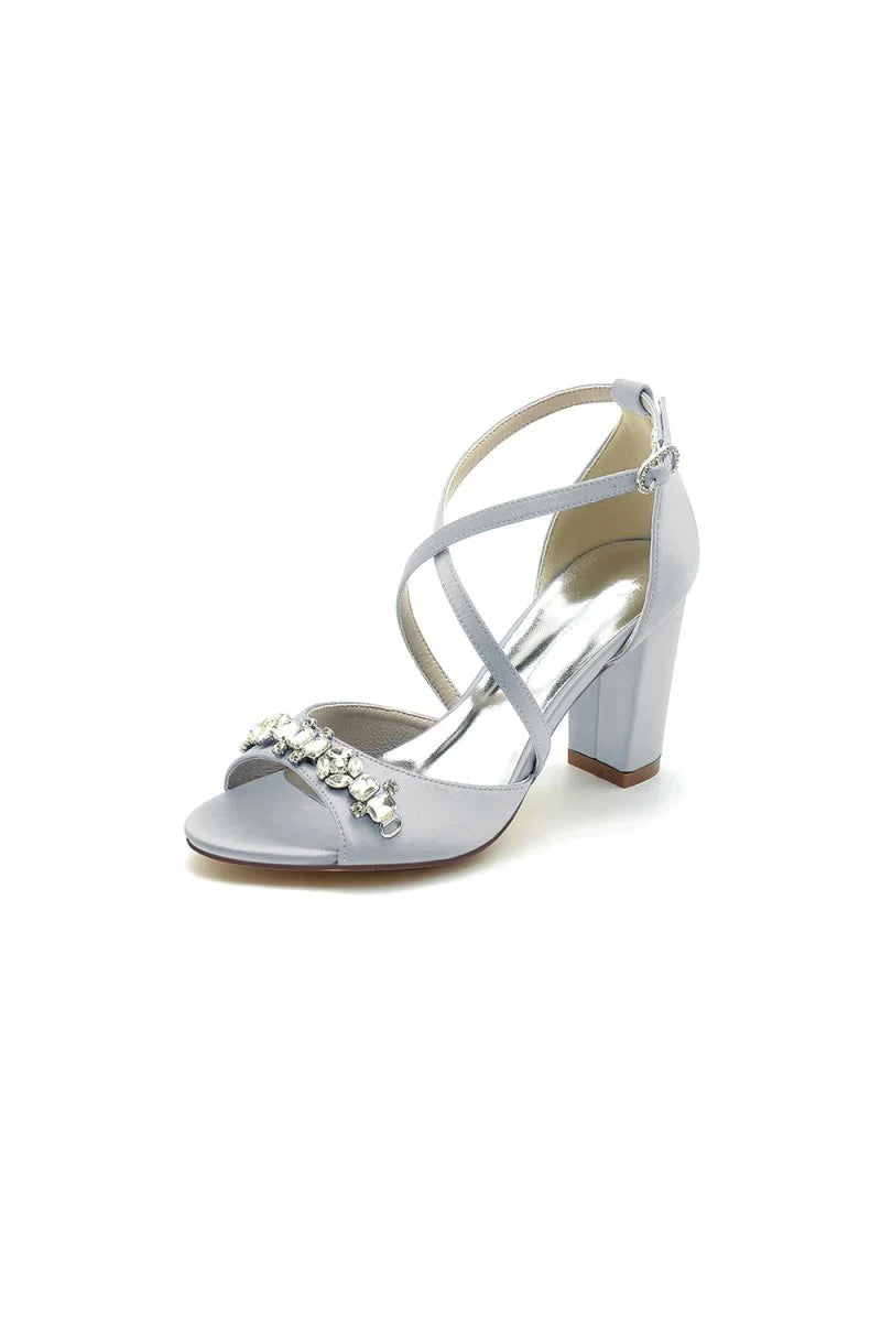 Champagne Cross Strap High Heels with Crystal Embellishments