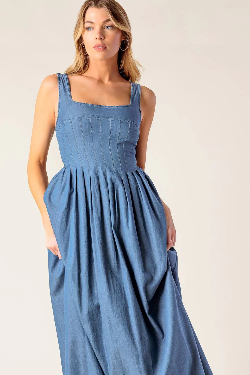 BLUE RIDGE DREAMS PINTUCK DENIM MIDI DRESS