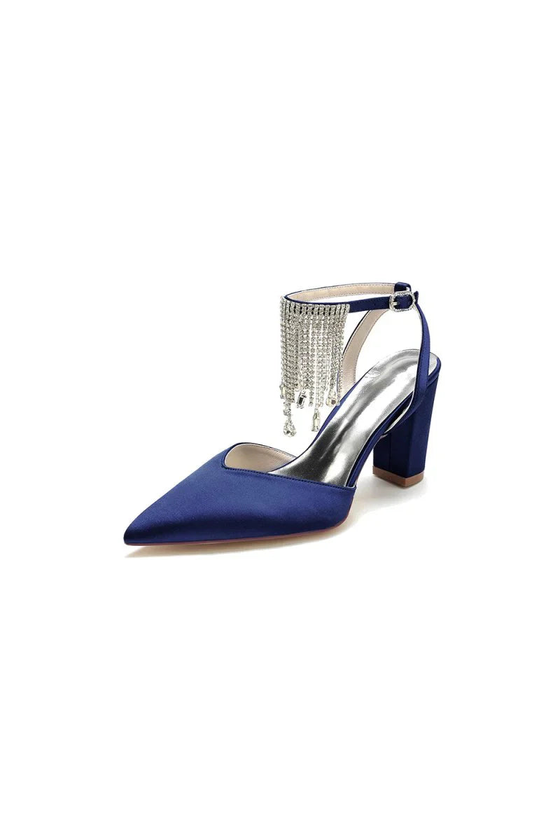 Pointed Toe Beading Tassel Satin Chunky Heels