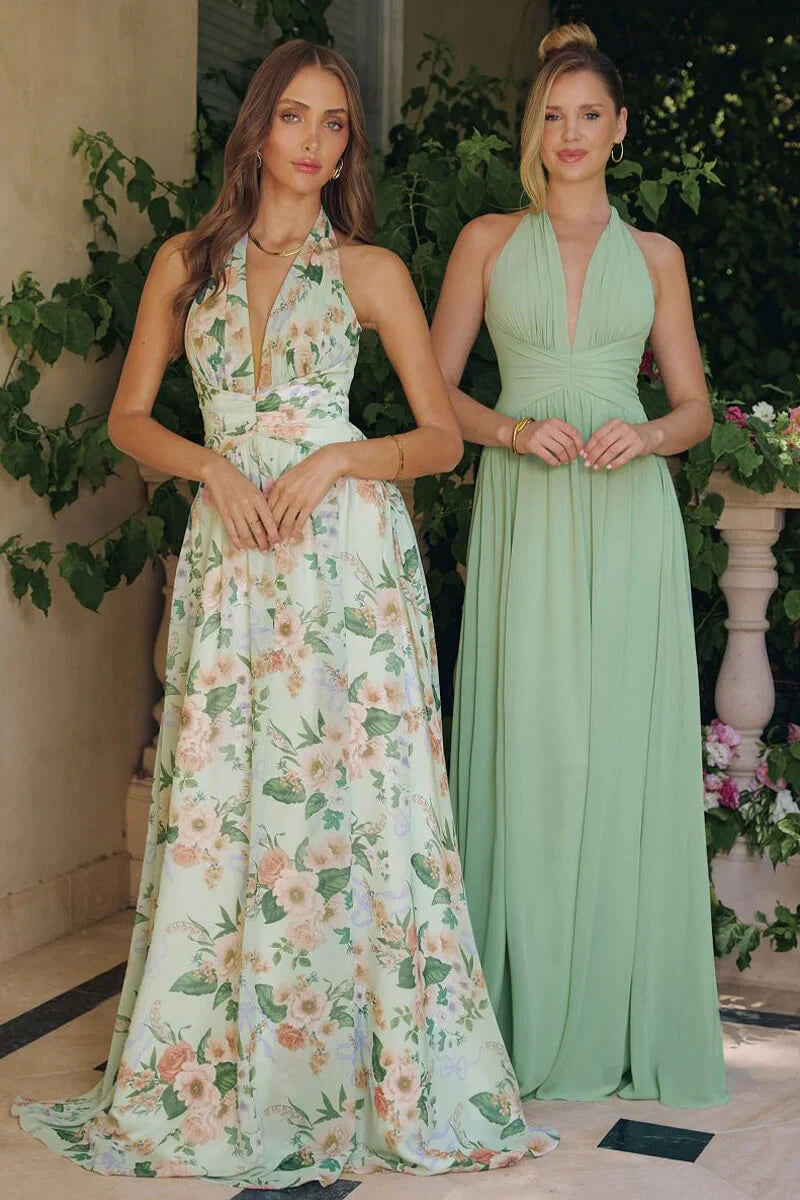 CHEYENNE GOWN SAGE FLORAL CHIFFON HALTER DRESS