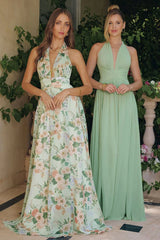 CHEYENNE GOWN SAGE FLORAL CHIFFON HALTER DRESS