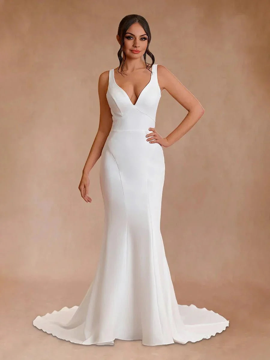 Simple Mermaid V Neck Satin White Wedding Dresses