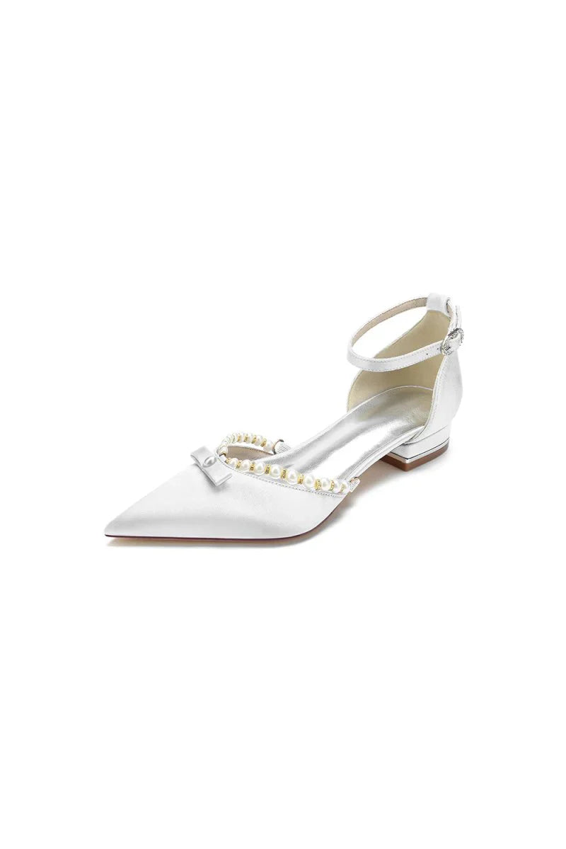 Pearl Bow Buckle Strap Pointed Toe Flats
