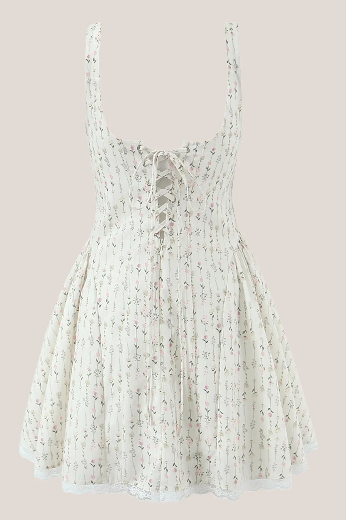 White Vintage Rose Printed Lace Cotton Mini Dress