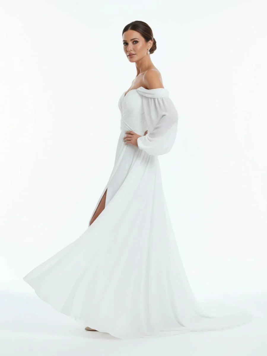 A Line Sweetheart Long Sleeves Chiffon Sweep Train Wedding Dress