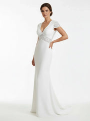 Modest Simple Sheath Short Sleeve Empire Floor Length Sweep Train Chiffon V neck Wedding Dress