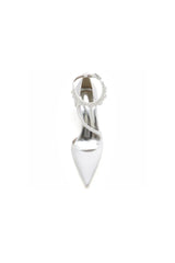 White Satin Heels with Cross Strap Design and Pearl Accented Buckle