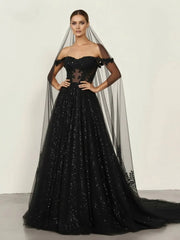 A Line Black Gothic Wedding Dresses with Sequin Lace Appliques