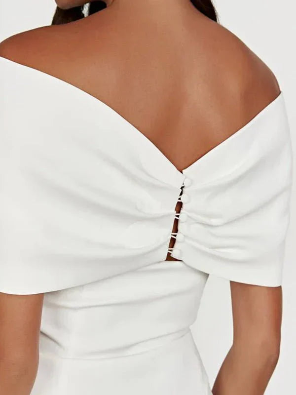 Sheath Off The Shoulder Sleeveless Satin Short Mini Wedding Dress With Bow