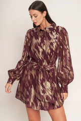 METALLIC MUSE BURGUNDY LONG SLEEVE MINI DRESS