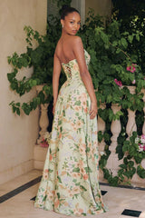 MEADOWS GOWN STRAPLESS A LINE SAGE FLORAL CHIFFON GOWN WITH SCARF