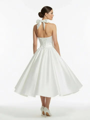 White A Line Halter Sleeveless Tea Length Satin Bridal Gowns With Bows Pleats
