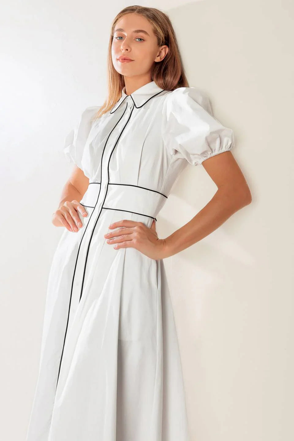 VINTAGE VIBES PUFF SLEEVE MIDI DRESS WHITE