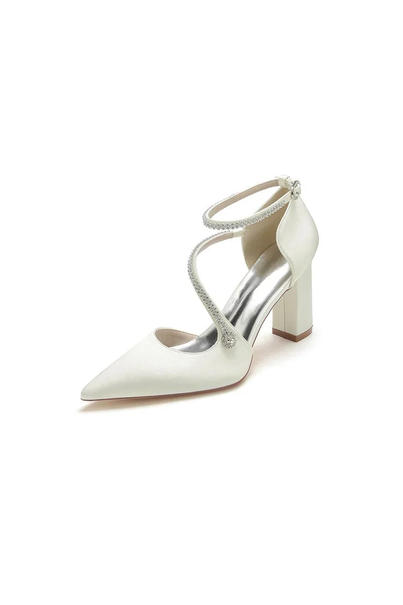 White Satin Pump with Cross Strap and Beaded Buckle