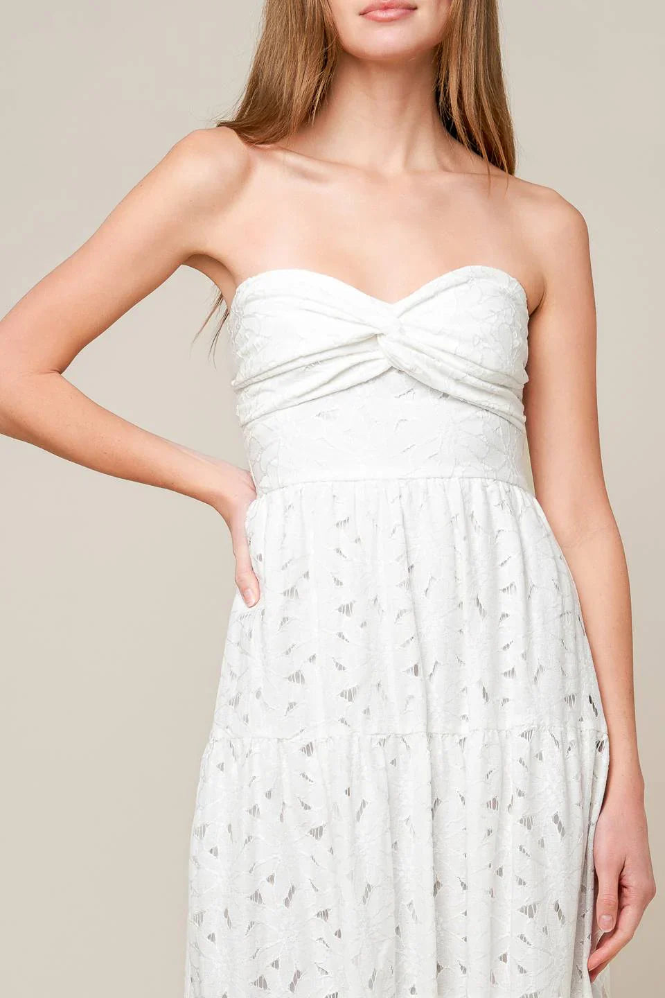 WISHING WELL STRAPLESS WHITE LACE MAXI DRESS