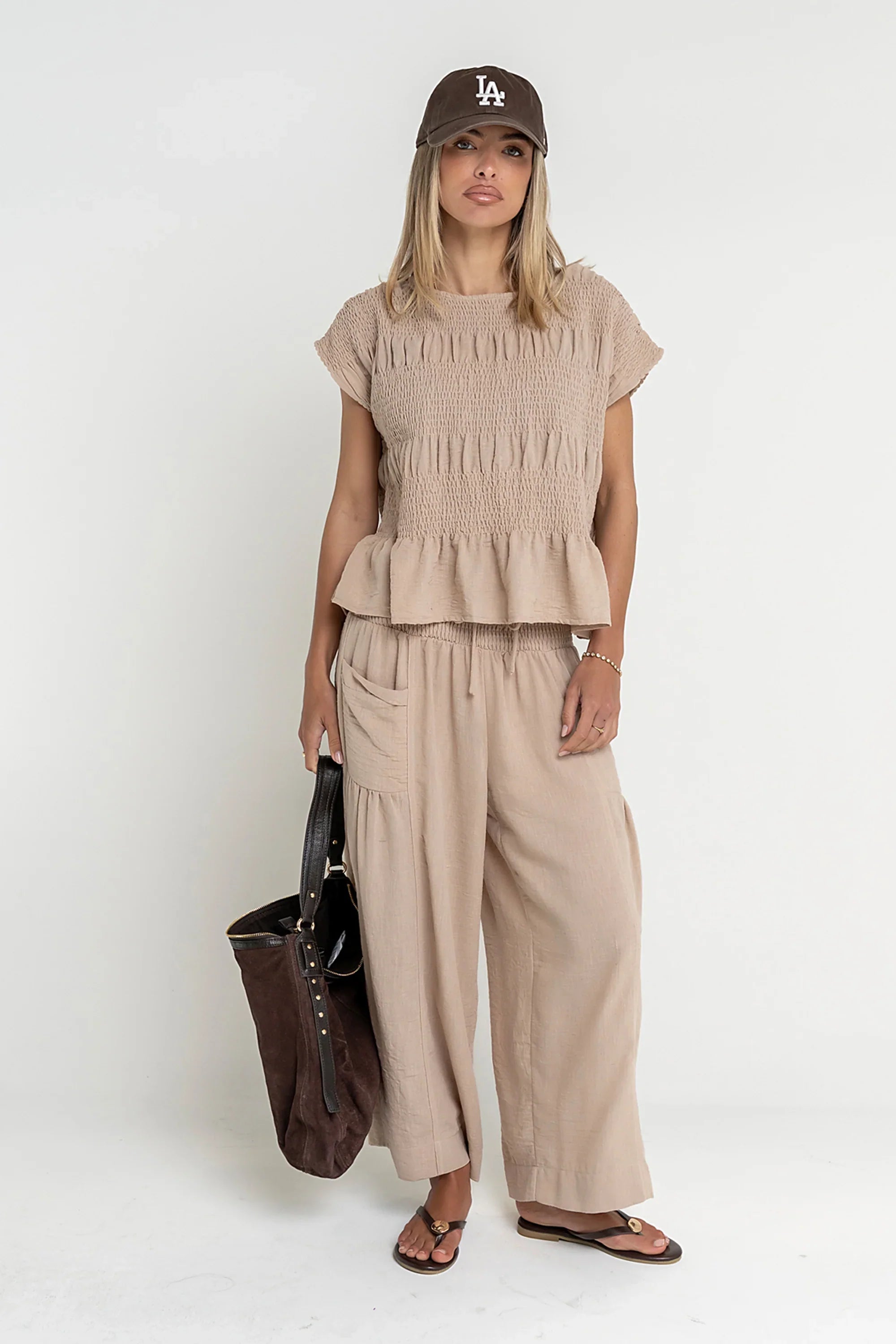 Ashton Smocked Top in Taupe