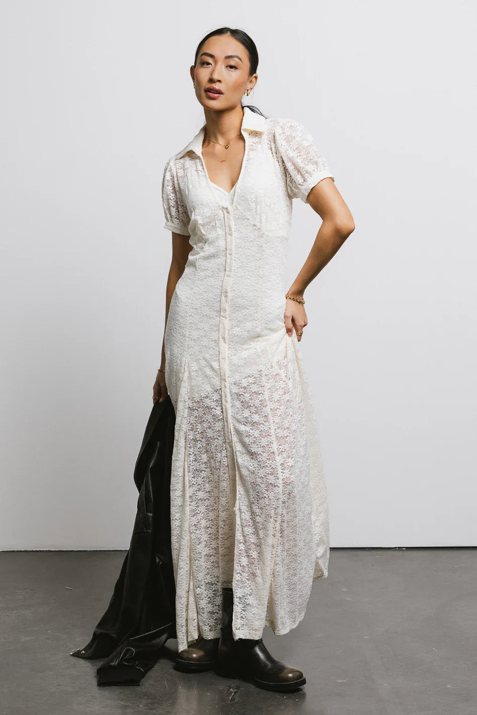 Lace Button Up Dress in Cream FINAL SALE