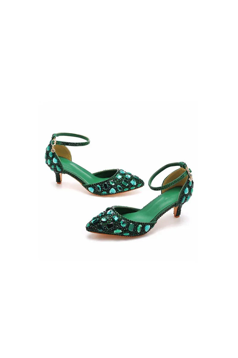 Pointed Toe Crystal Diamond Ankle Strap Kitten Heels