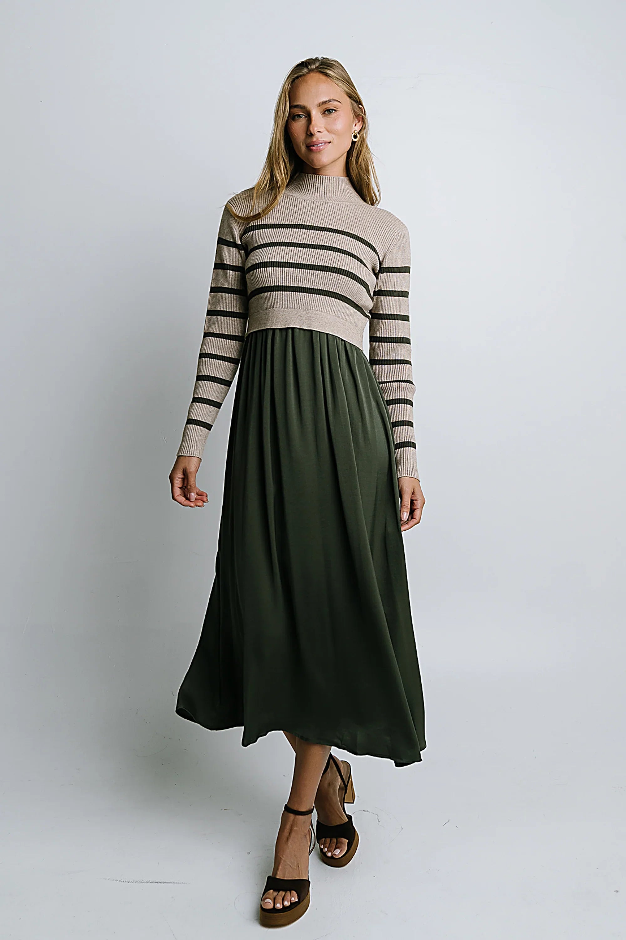 Zeda Midi Dress in Olive Stripe