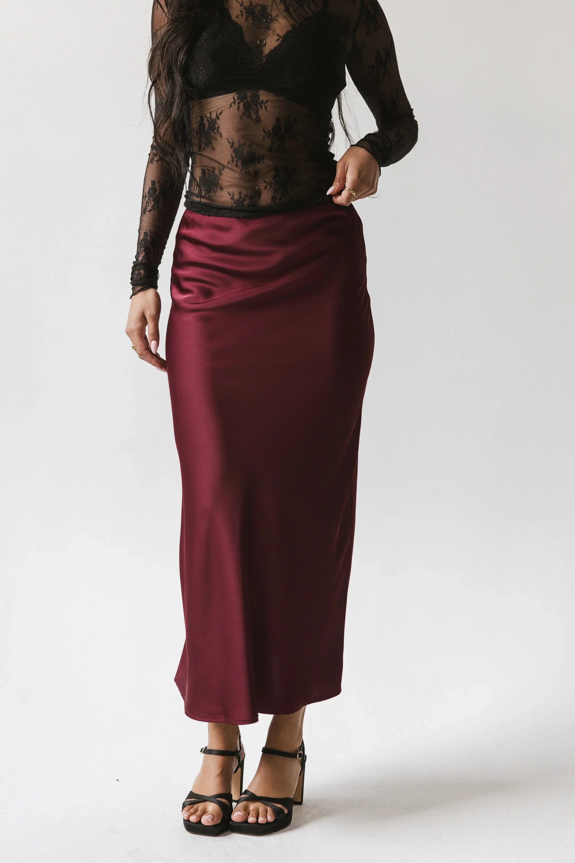 Tory Satin Maxi Skirt in Burgundy