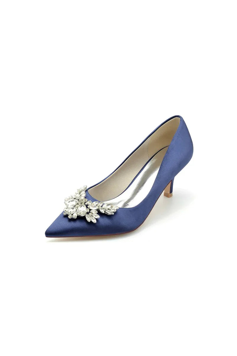Rhinestone Pointed Toe Satin Kitten Heels
