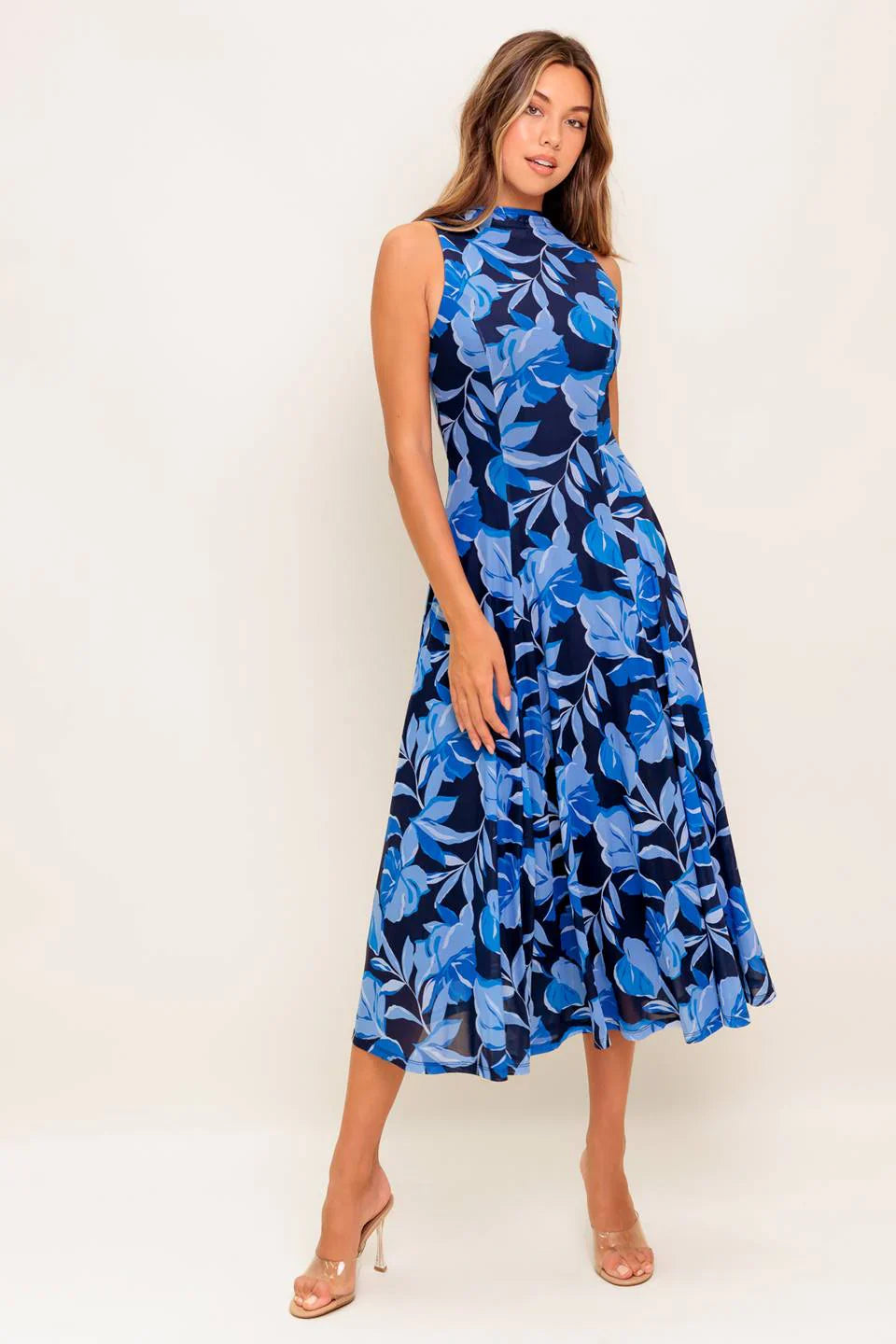 PALMER POWER MESH PRINTED MIDI DRESS BLUE