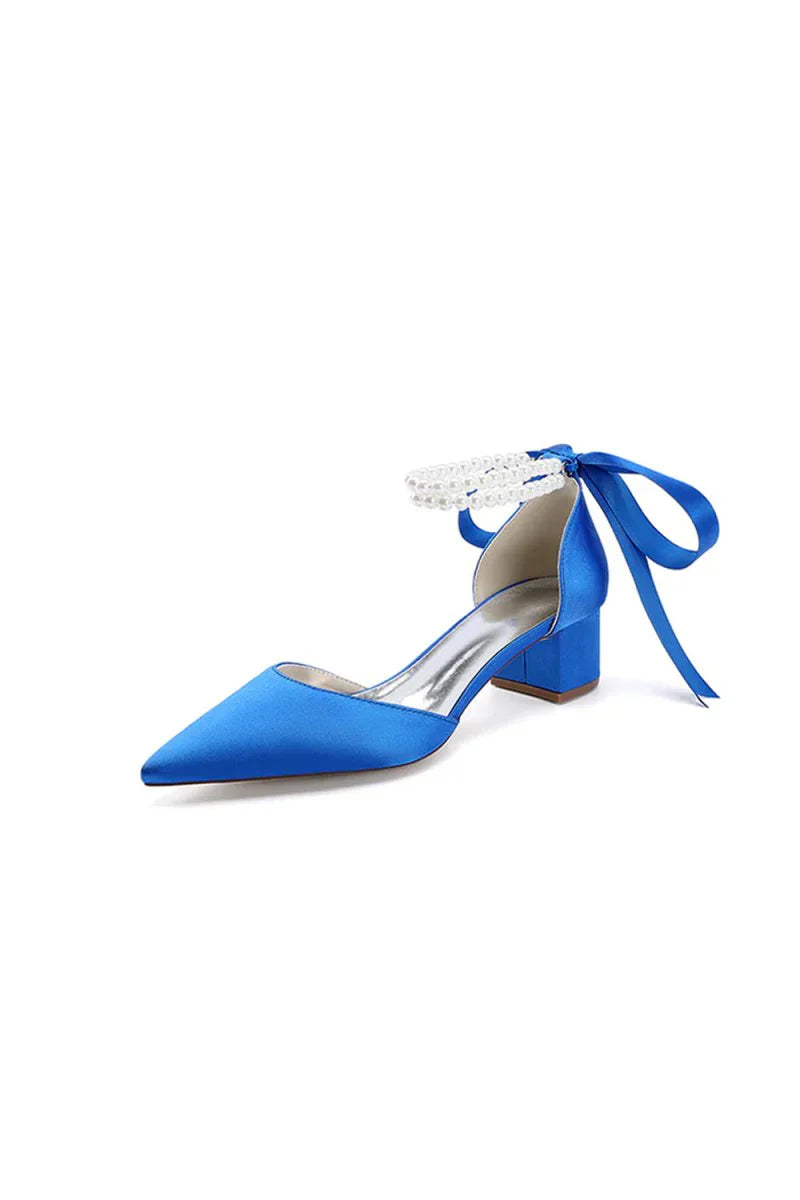 Pointed Toe Double Pearl Ankle Strap Party Shoes With Ribbon Tie