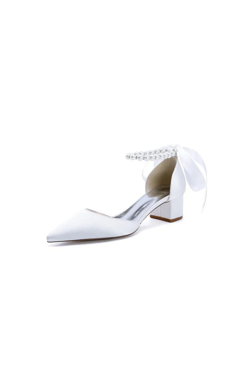 Pointed Toe Satin Pearl Ankle Strap Block Heels With Ribbon Tie