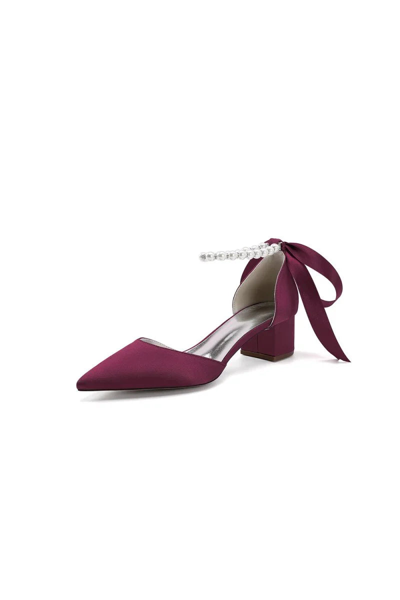 Pointed Toe Satin Pearl Ankle Strap Block Heels With Ribbon Tie