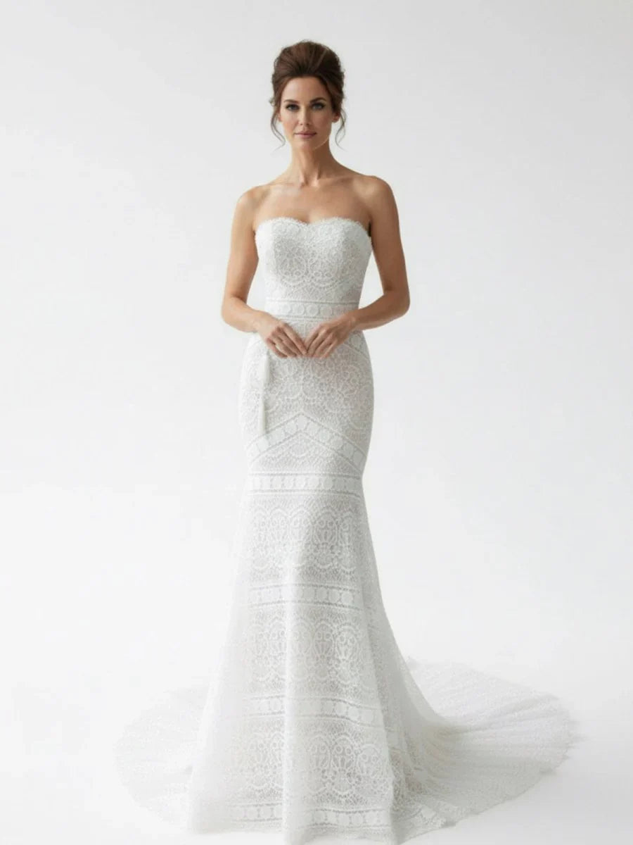 Vintage White Mermaid Lace Wedding Dress with Tassel
