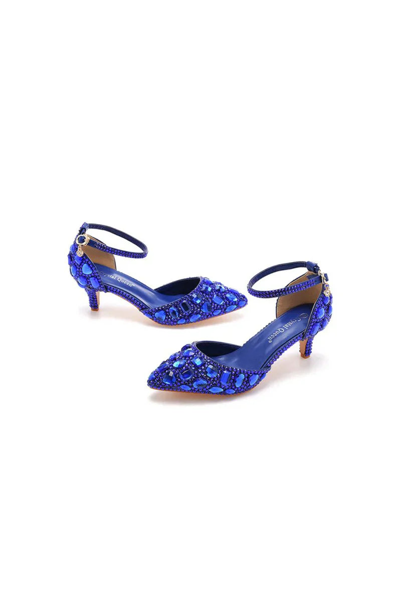 Pointed Toe Crystal Diamond Ankle Strap Kitten Heels