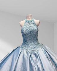 Halter Beaded Sky Blue Satin Ball Gown Quinceañera Dress