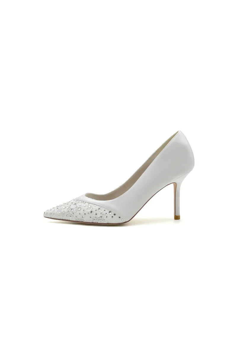 Lace Pointed Toe Beaded Satin Wedding Shoes