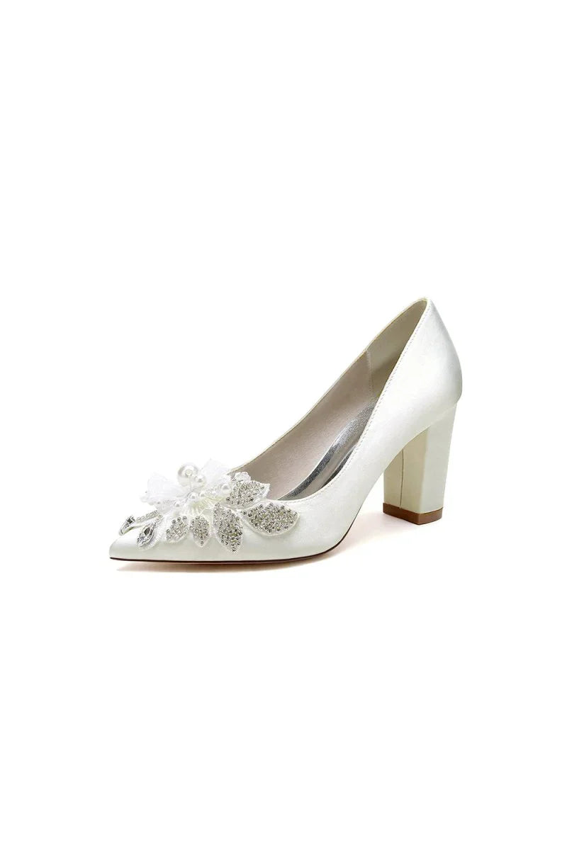 Floral Beaded Pointed Toe Chunky Heel