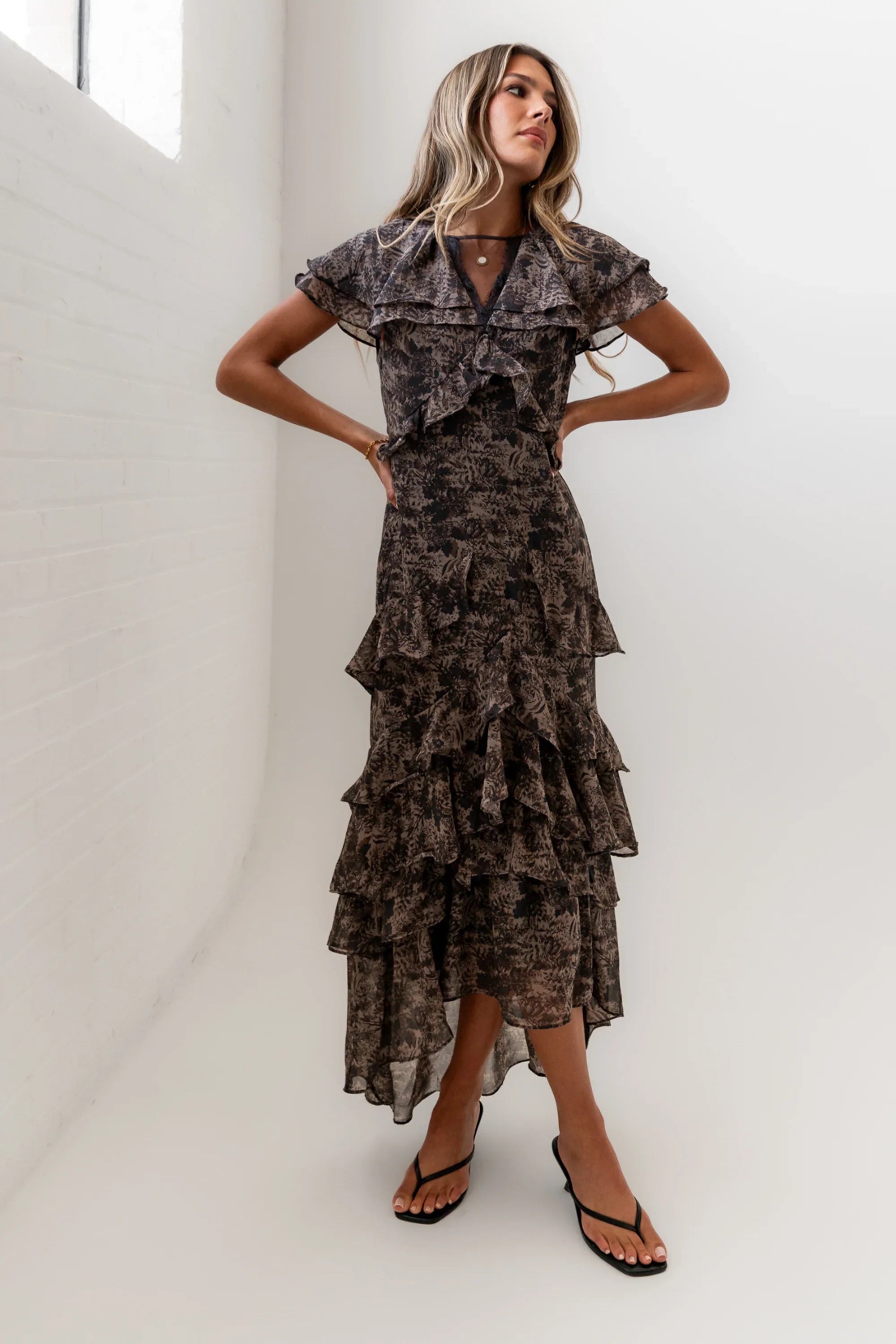 James Ruffle Maxi Dress in Grey