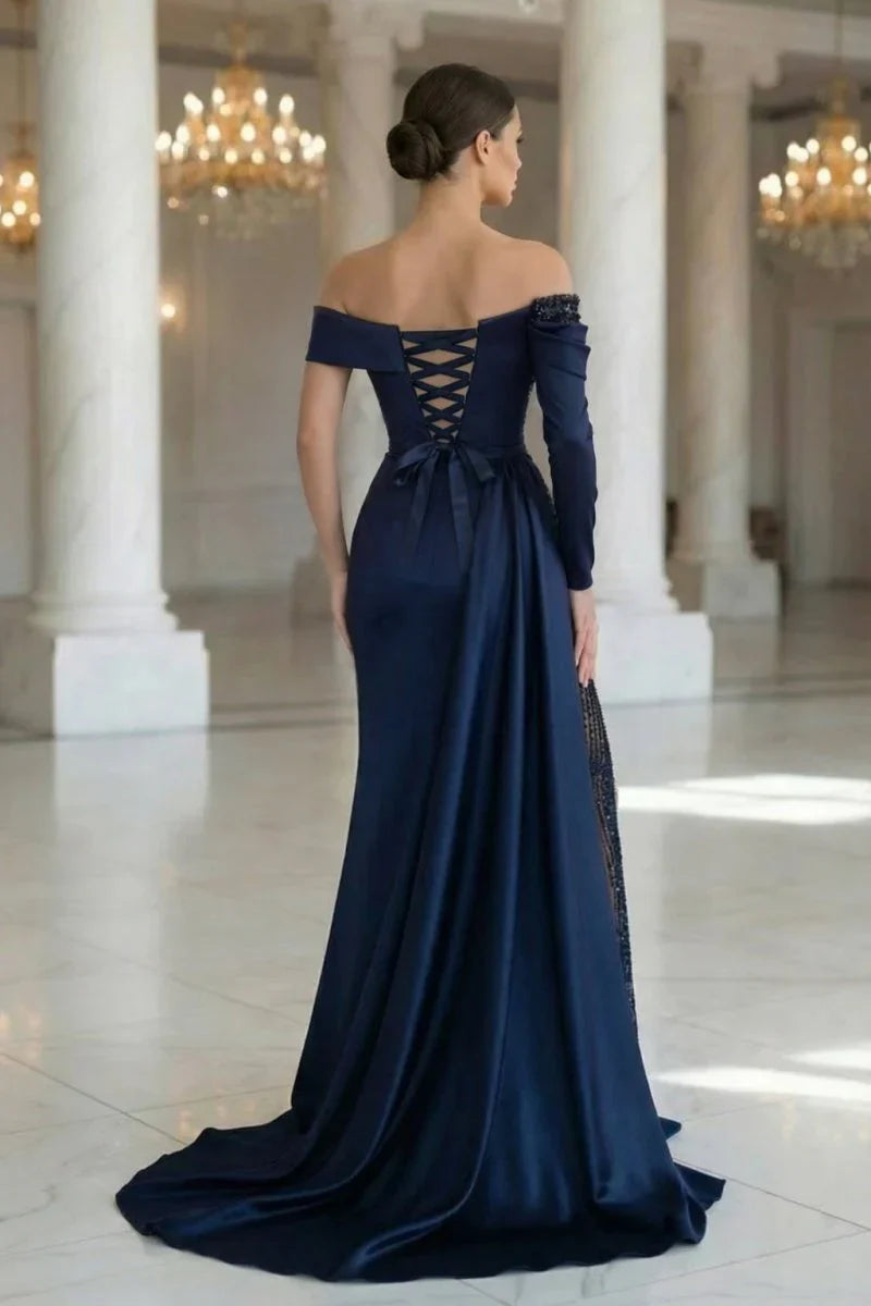 Sheath Off The Shoulder Long Sleeves Satin Sequined Prom Dresses