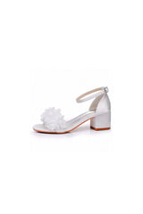 White Floral Satin Open Toe Low Chunky Heels