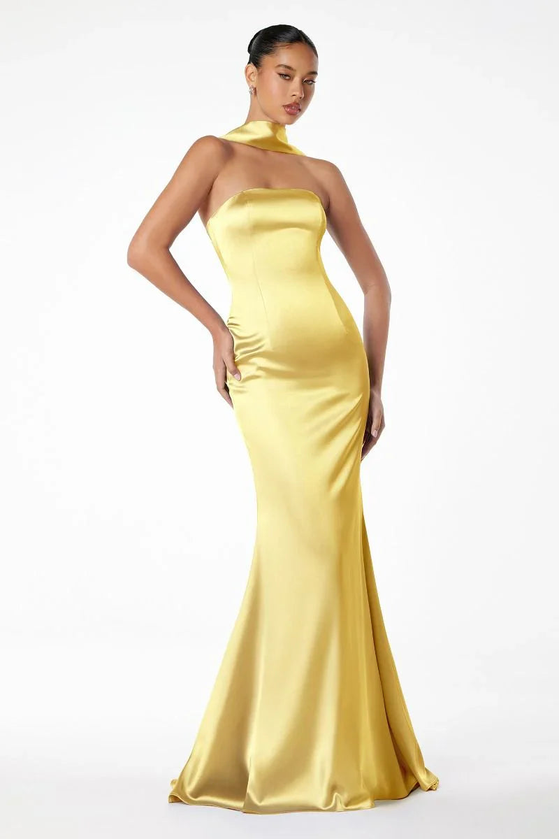 Brynn Maxi Dress Strapless Fitted Satin Dress With Scarf