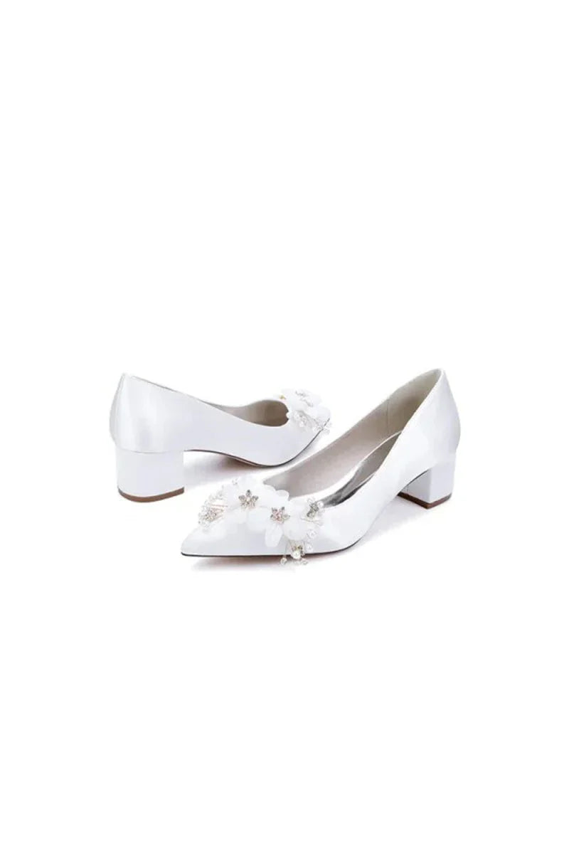 Pointed Toe Satin Slip on Chunky Wedding Shoes With Flower