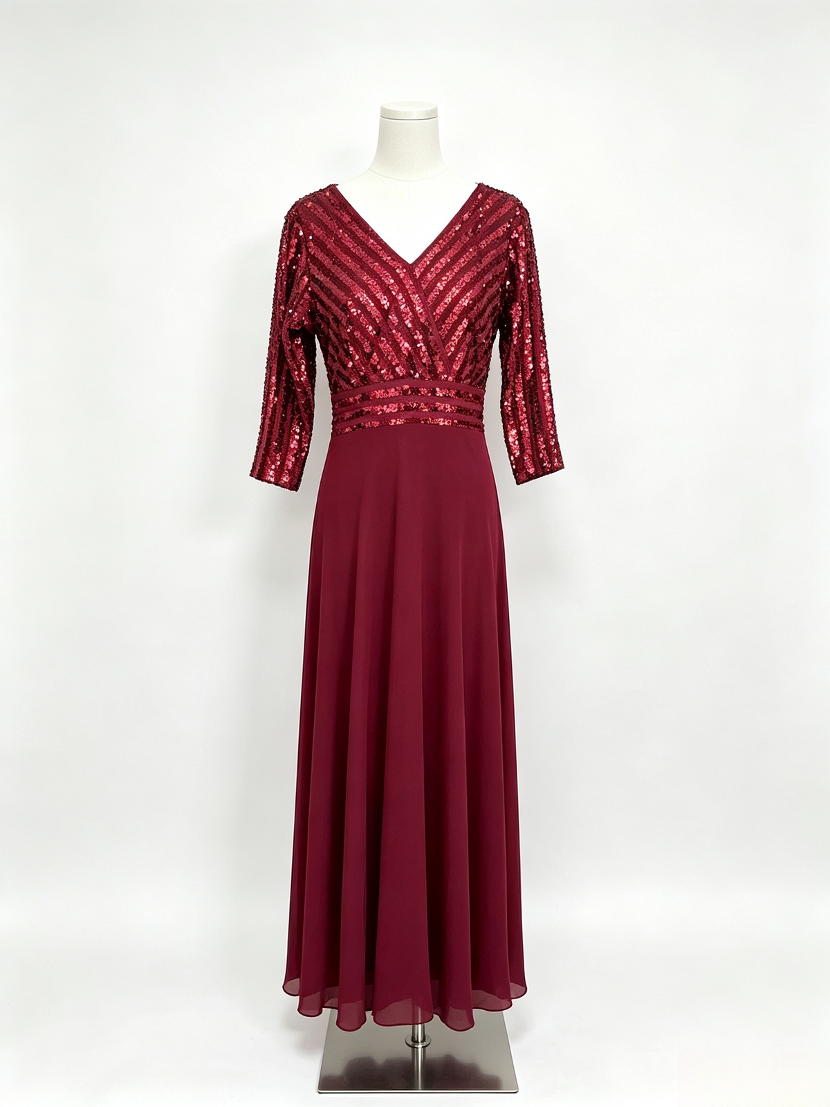Burgundy Sequin Chiffon Maxi Evening Dress