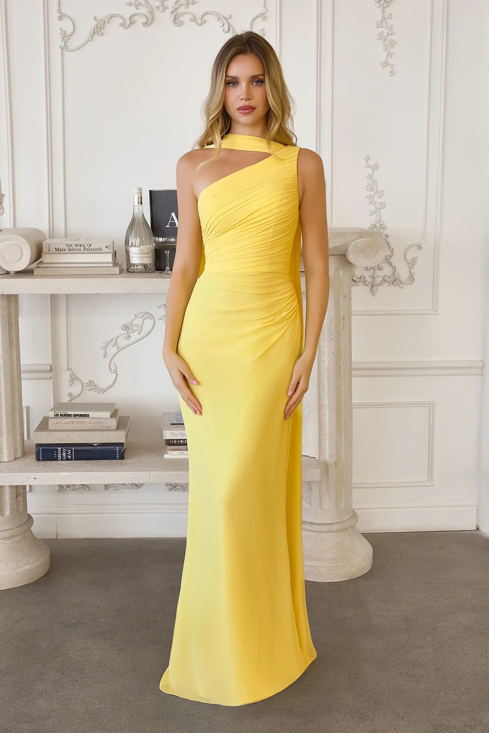 Melissa Gown One Shoulder Chiffon Dress