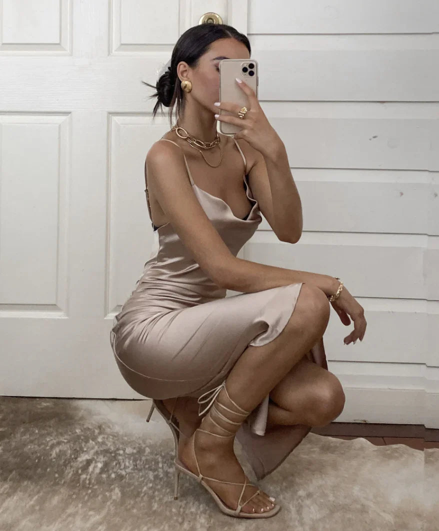 Aspen Midi Dress Champagne Satin Slip Dress