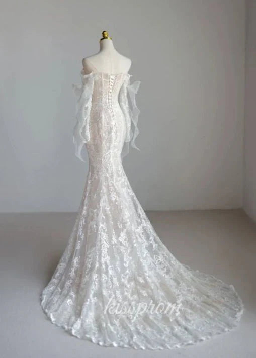 Lace Mermaid Covered Button Long Sleeve Train Wedding Dress