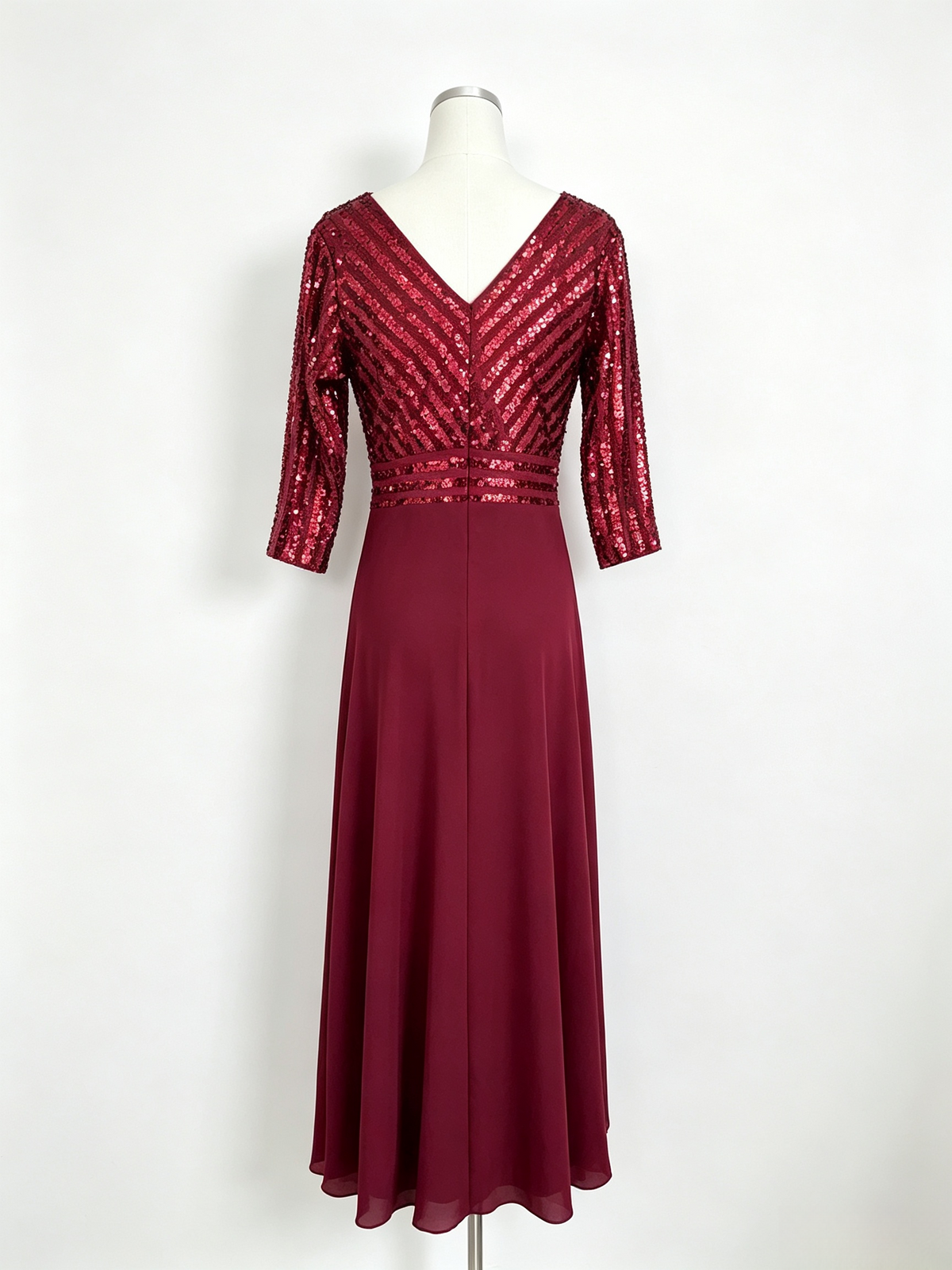 Burgundy Sequin Chiffon Maxi Evening Dress