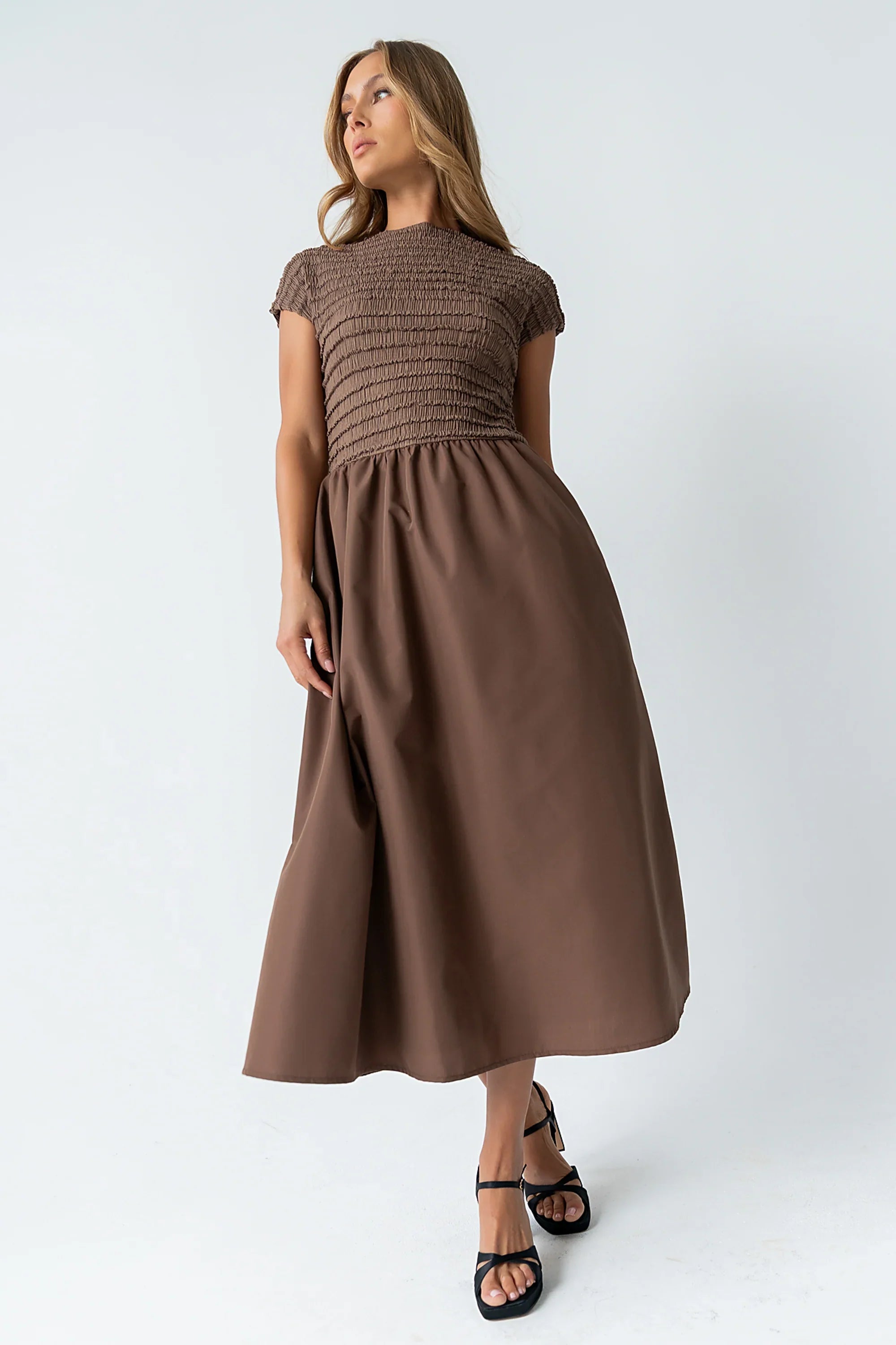 Lorie Mixed Media Maxi Dress in Brown